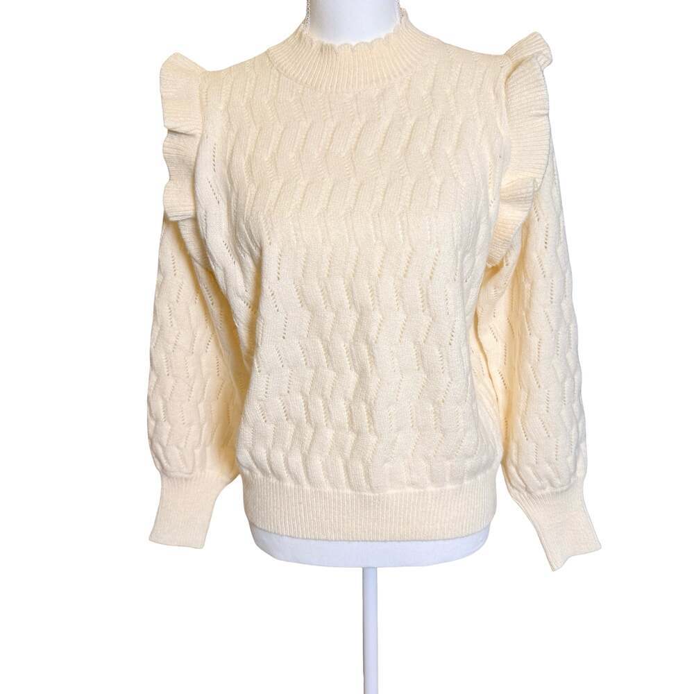 FRNCH Paris Cream Ruffle Shoulder Mock Neck Sweater Size S